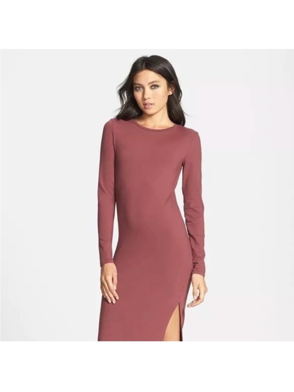 Leith maroon dusty mauve  Long Sleeve Bodycon midi Dress with side slit Medium